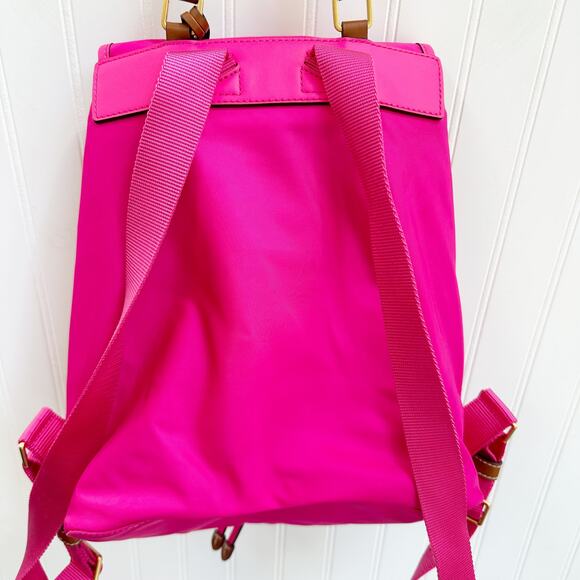 Tory Burch Perry Nylon Flap Backpack Bright Pink Fuchsia Leather Trim Bag - Picture 7 of 16